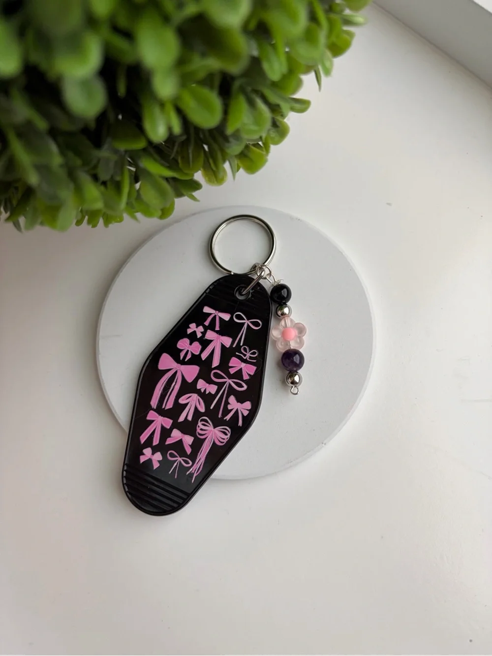 Black Key & Card Holder Keychain with Pink Bow Motif